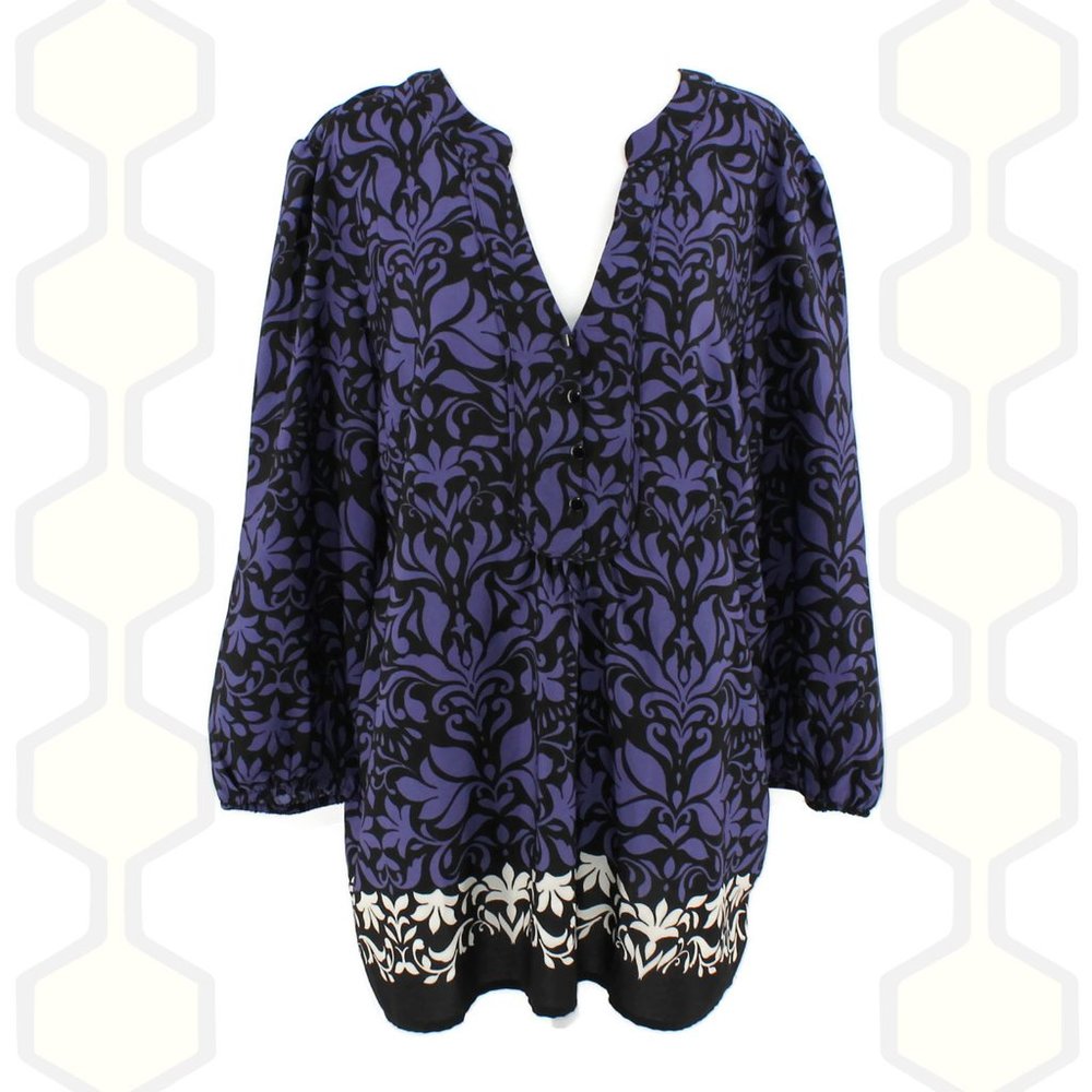 ⬇️$19 LOFT Tunic Black Blue Flower Pattern L